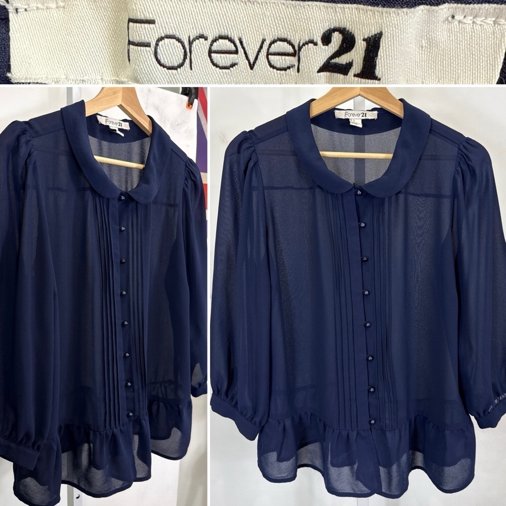 Forever 21 Women’s Blue Sheer Top 3/4 Sleeve Round Collar Ruffled Hem Size L
